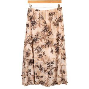 RQT Floral Tiered Maxi Skirt 8 Womens Beige Brown Long Glitter Beaded Elastic